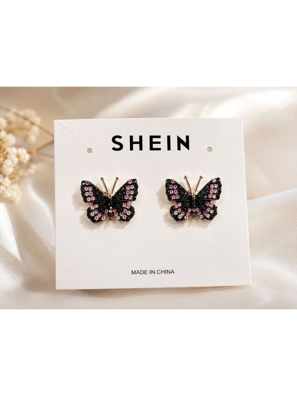 Butterfly Rhinestone Stud Earrings Black Pink Gold Tone